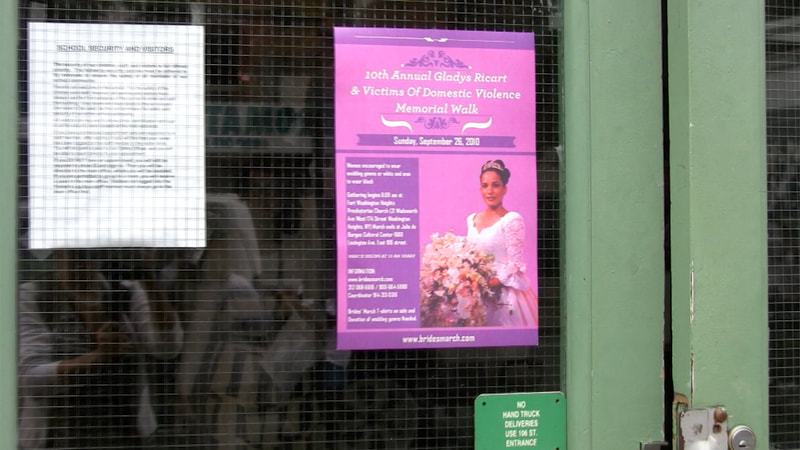 Pink and purple poster for The Brides March with a picture of Gladys Ricart in her wedding dress.